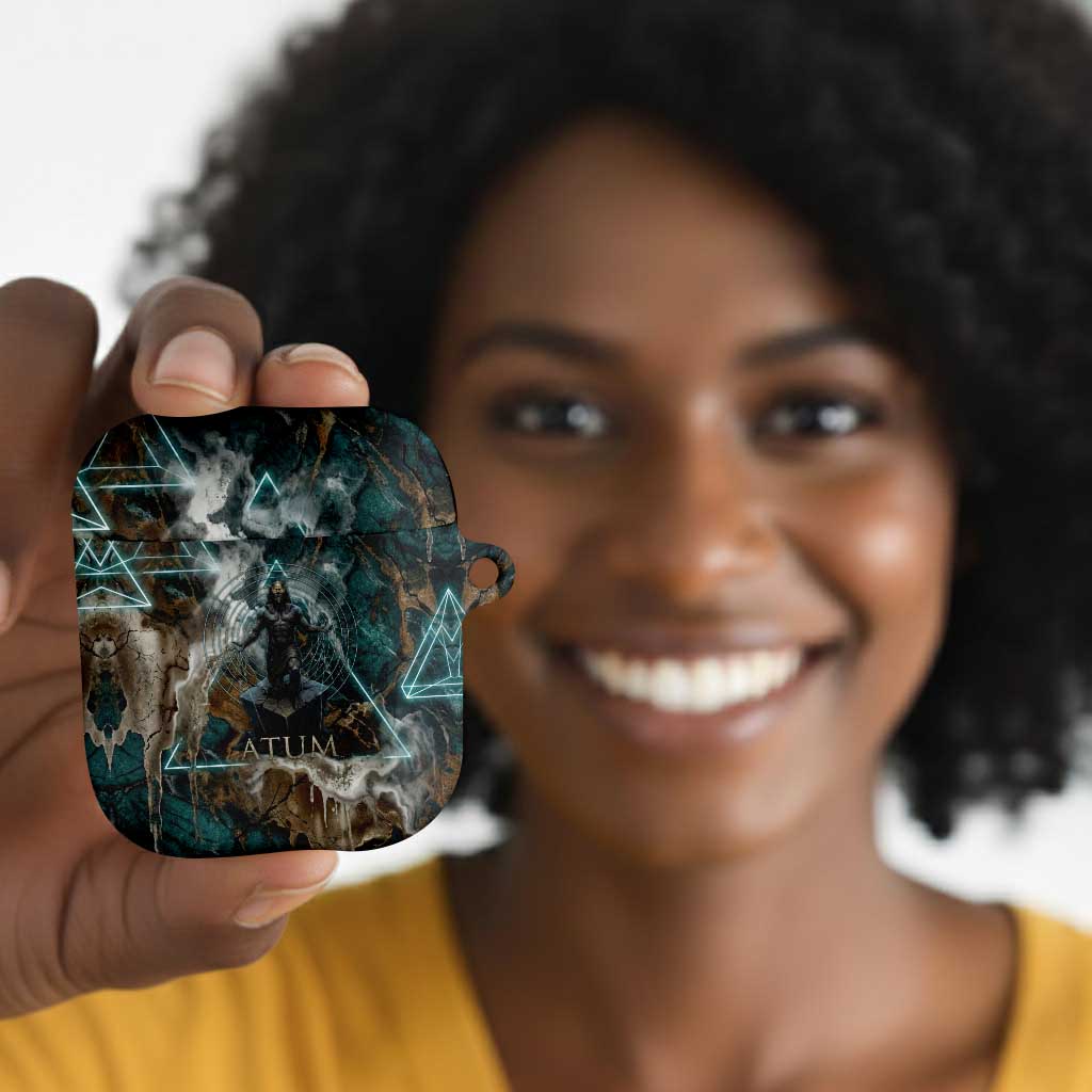 Atum AirPods Case Ancient Egyptian Teal Marble Smoke, Solar Barque Crown, Creator Deity Statue - African Pride