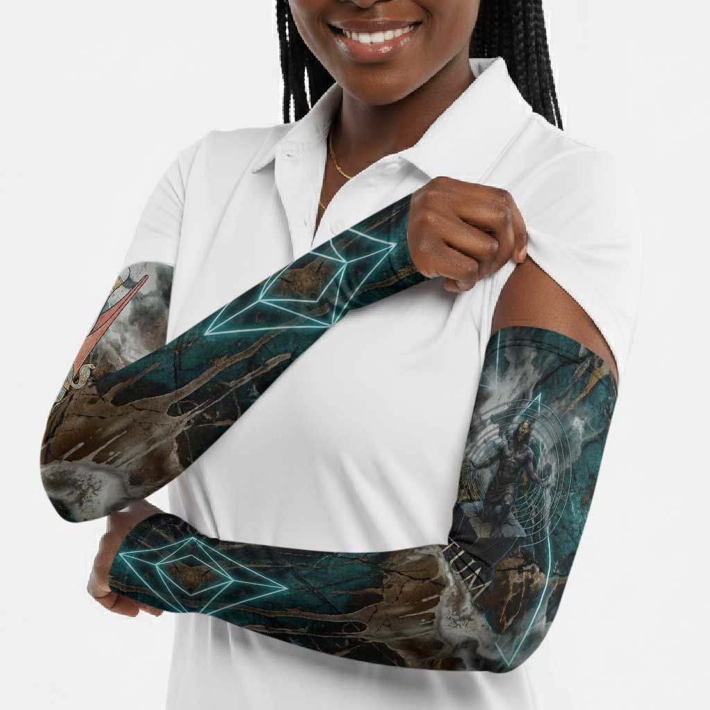Atum Arm Sleeves Ancient Egyptian Teal Marble Smoke, Solar Barque Crown, Creator Deity Statue - African Pride