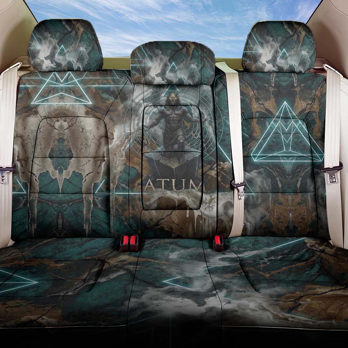 Atum Back Car Seat Cover Ancient Egyptian Teal Marble Smoke, Solar Barque Crown, Creator Deity Statue - African Pride