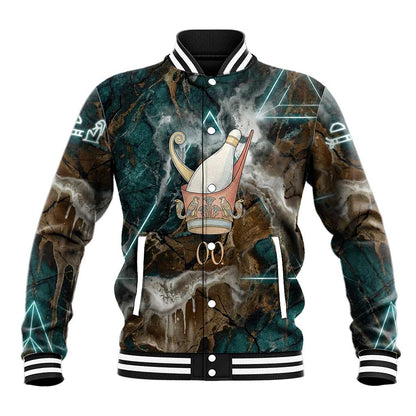Atum Baseball Jacket Ancient Egyptian Teal Marble Smoke, Solar Barque Crown, Creator Deity Statue - African Pride