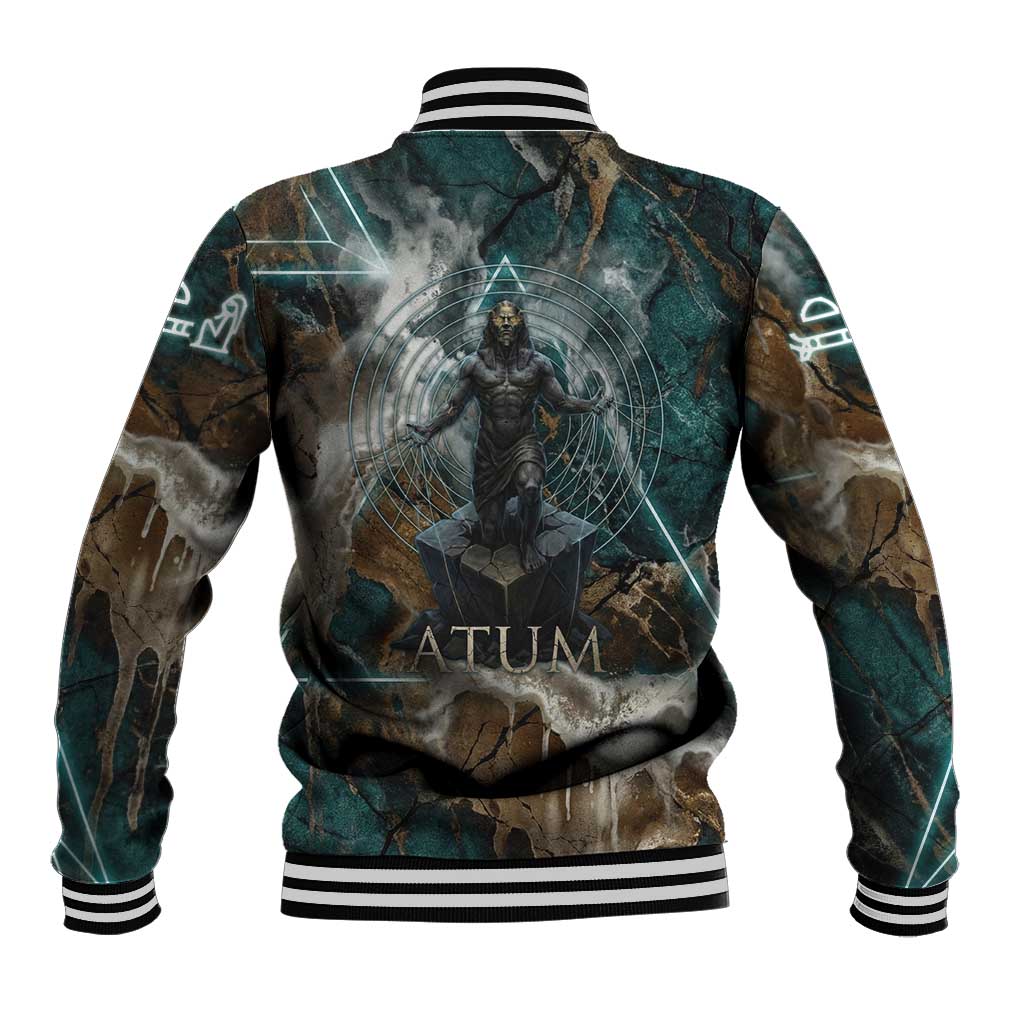 Atum Baseball Jacket Ancient Egyptian Teal Marble Smoke, Solar Barque Crown, Creator Deity Statue - African Pride