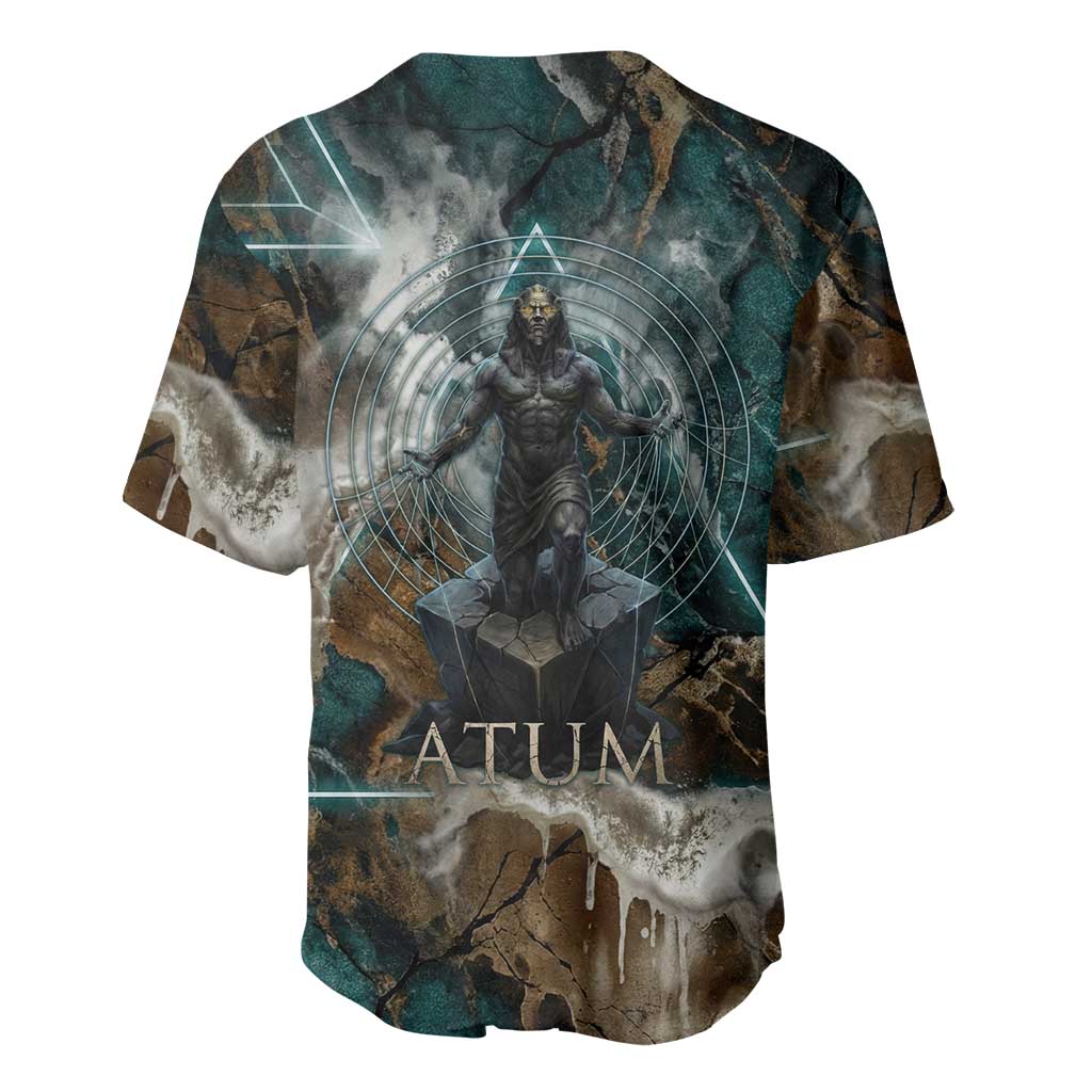 Atum Baseball Jersey Ancient Egyptian Teal Marble Smoke, Solar Barque Crown, Creator Deity Statue - African Pride