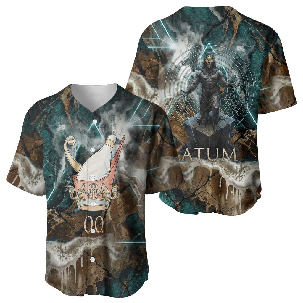 Atum Baseball Jersey Ancient Egyptian Teal Marble Smoke, Solar Barque Crown, Creator Deity Statue - African Pride