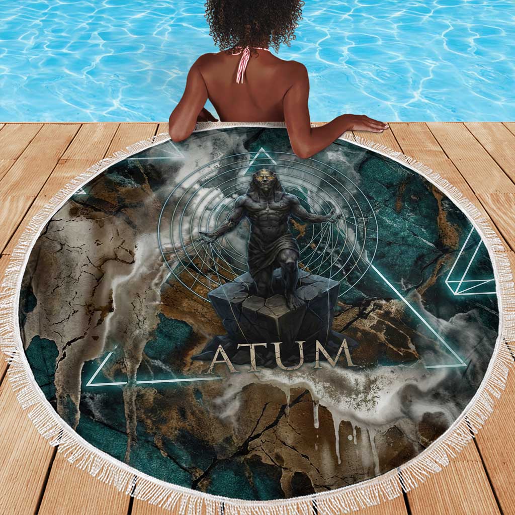 Atum Beach Blanket Ancient Egyptian Teal Marble Smoke, Solar Barque Crown, Creator Deity Statue - African Pride
