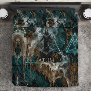 Atum Bedding Set Ancient Egyptian Teal Marble Smoke, Solar Barque Crown, Creator Deity Statue - African Pride
