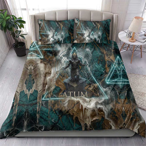 Atum Bedding Set Ancient Egyptian Teal Marble Smoke, Solar Barque Crown, Creator Deity Statue - African Pride