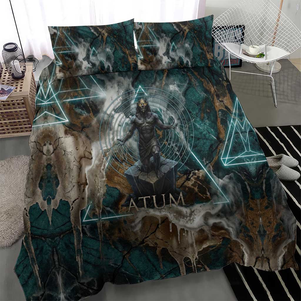 Atum Bedding Set Ancient Egyptian Teal Marble Smoke, Solar Barque Crown, Creator Deity Statue - African Pride