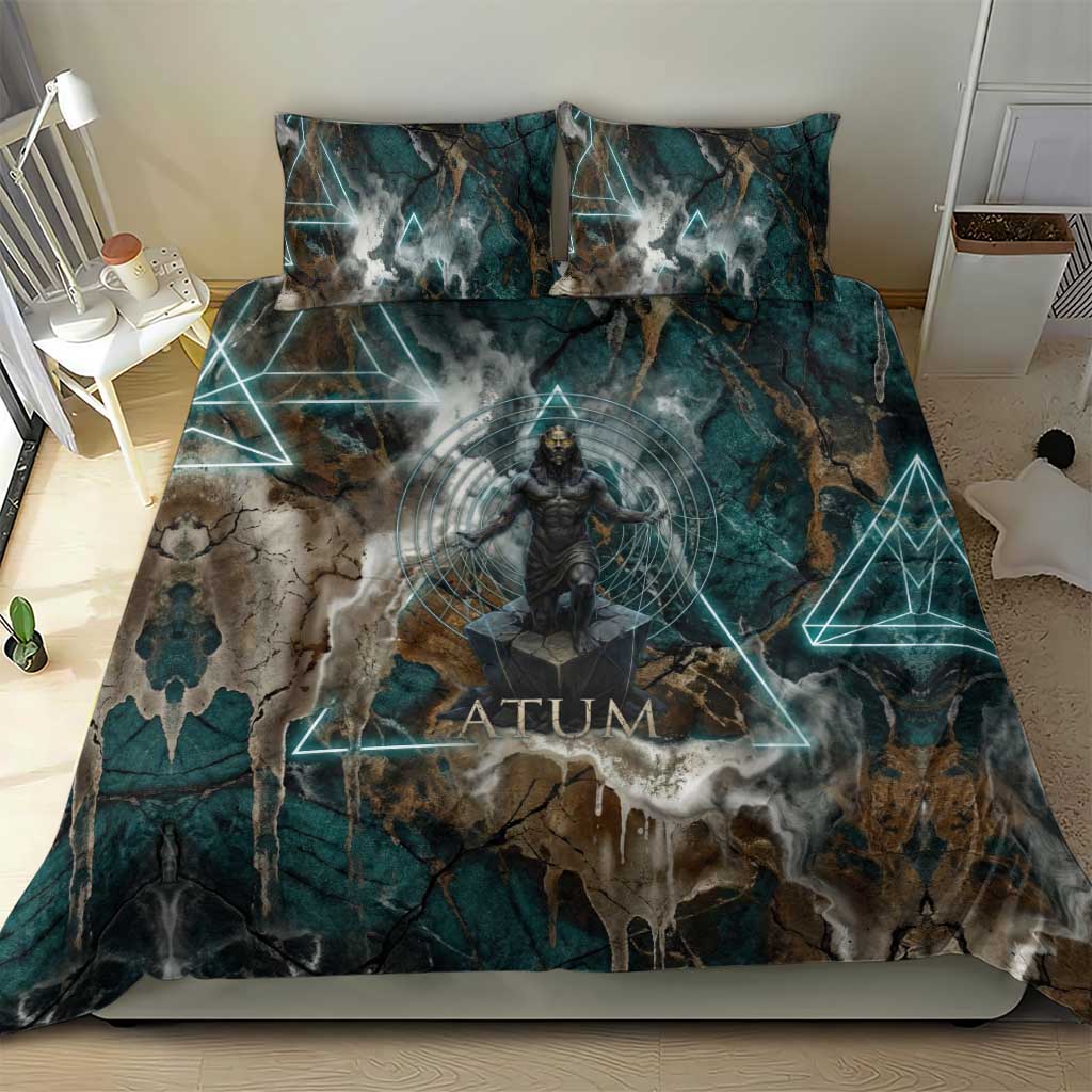 Atum Bedding Set Ancient Egyptian Teal Marble Smoke, Solar Barque Crown, Creator Deity Statue - African Pride