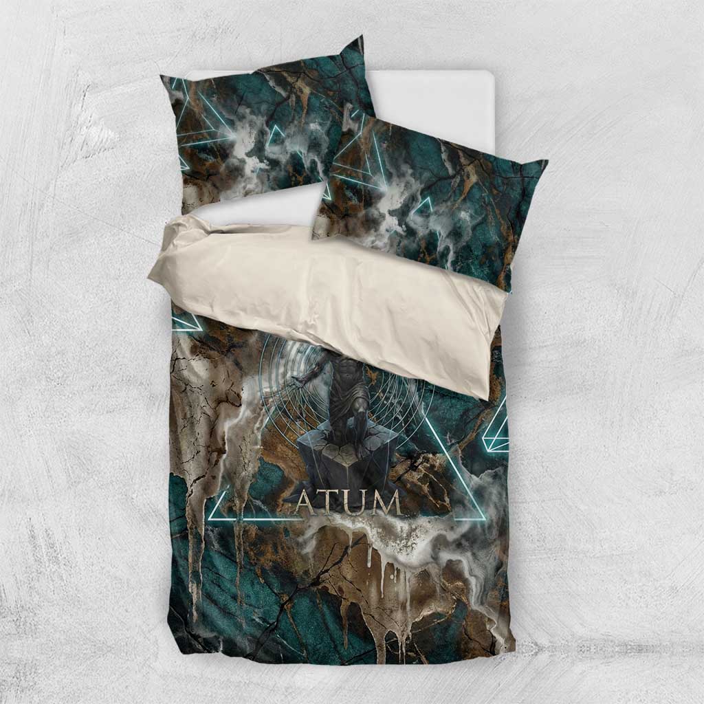 Atum Bedding Set Ancient Egyptian Teal Marble Smoke, Solar Barque Crown, Creator Deity Statue - African Pride