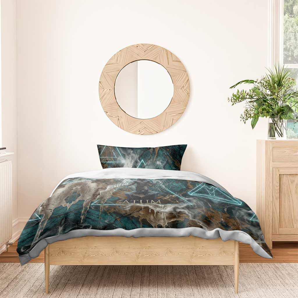 Atum Bedding Set Ancient Egyptian Teal Marble Smoke, Solar Barque Crown, Creator Deity Statue - African Pride