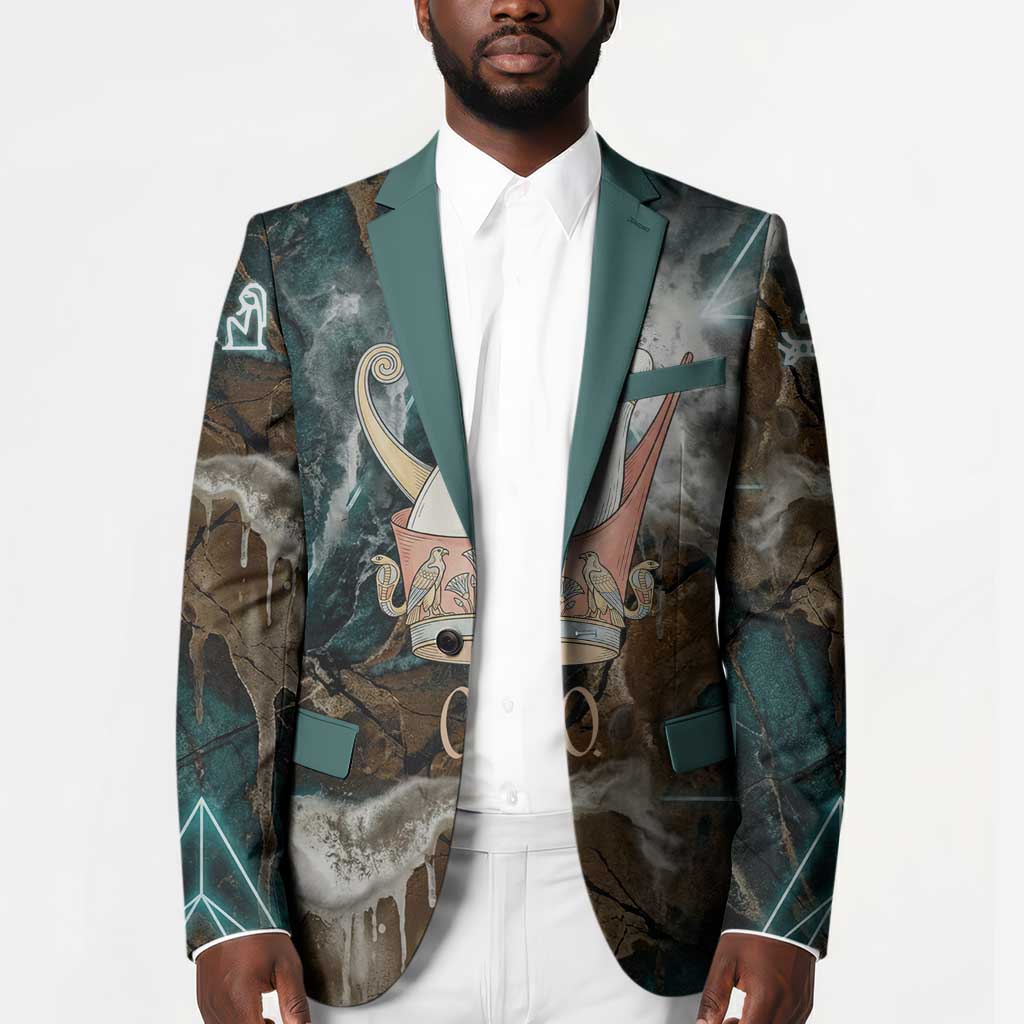 Atum Blazer Ancient Egyptian Teal Marble Smoke, Solar Barque Crown, Creator Deity Statue - African Pride
