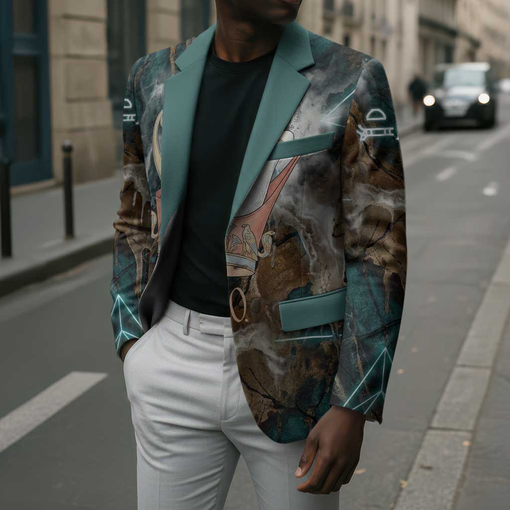 Atum Blazer Ancient Egyptian Teal Marble Smoke, Solar Barque Crown, Creator Deity Statue - African Pride