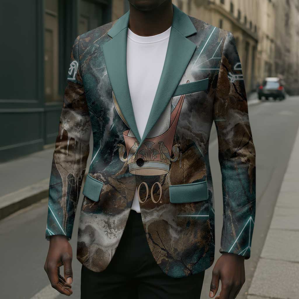 Atum Blazer Ancient Egyptian Teal Marble Smoke, Solar Barque Crown, Creator Deity Statue - African Pride