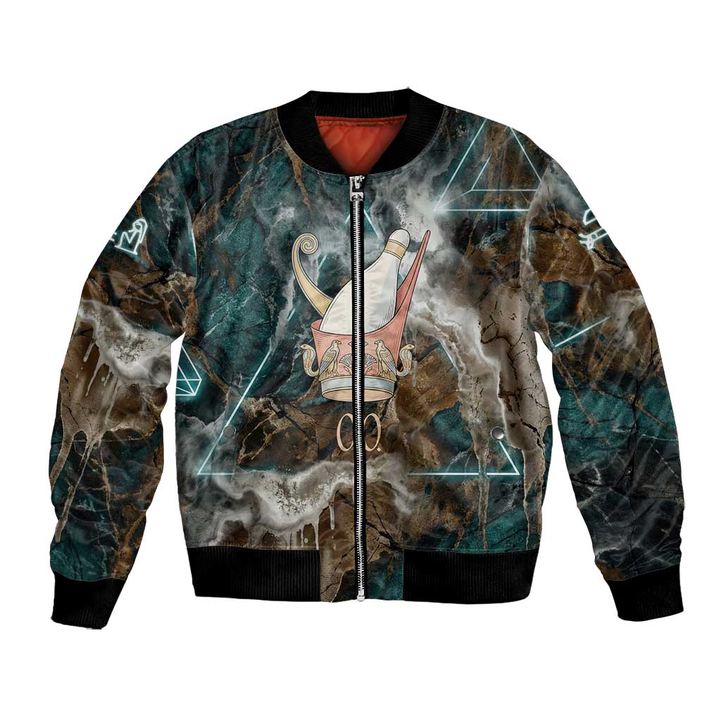 Atum Bomber Jacket Ancient Egyptian Teal Marble Smoke, Solar Barque Crown, Creator Deity Statue - African Pride