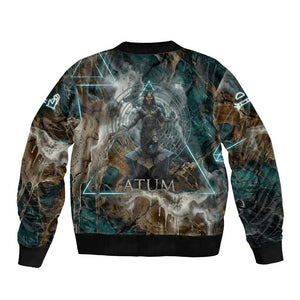 Atum Bomber Jacket Ancient Egyptian Teal Marble Smoke, Solar Barque Crown, Creator Deity Statue - African Pride