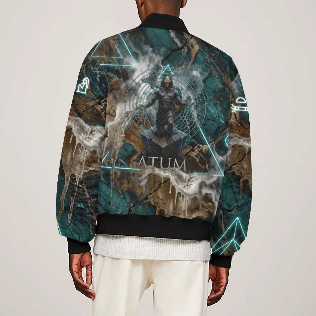 Atum Bomber Jacket Ancient Egyptian Teal Marble Smoke, Solar Barque Crown, Creator Deity Statue - African Pride