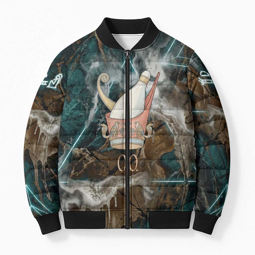 Atum Bomber Puffer Jacket Ancient Egyptian Teal Marble Smoke, Solar Barque Crown, Creator Deity Statue - African Pride