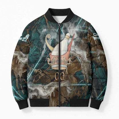 Atum Bomber Puffer Jacket Ancient Egyptian Teal Marble Smoke, Solar Barque Crown, Creator Deity Statue - African Pride