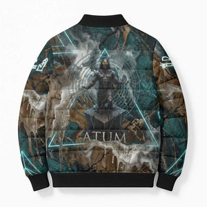 Atum Bomber Puffer Jacket Ancient Egyptian Teal Marble Smoke, Solar Barque Crown, Creator Deity Statue - African Pride
