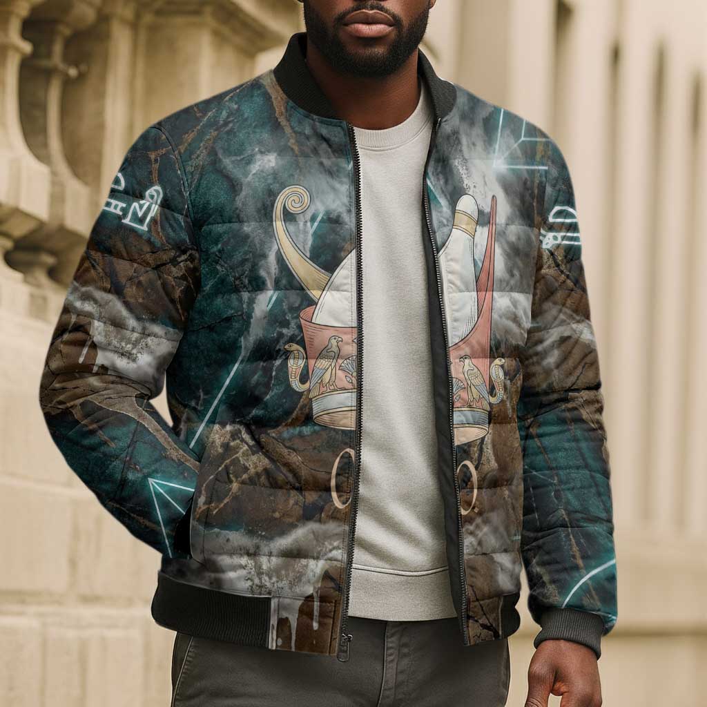 Atum Bomber Puffer Jacket Ancient Egyptian Teal Marble Smoke, Solar Barque Crown, Creator Deity Statue - African Pride