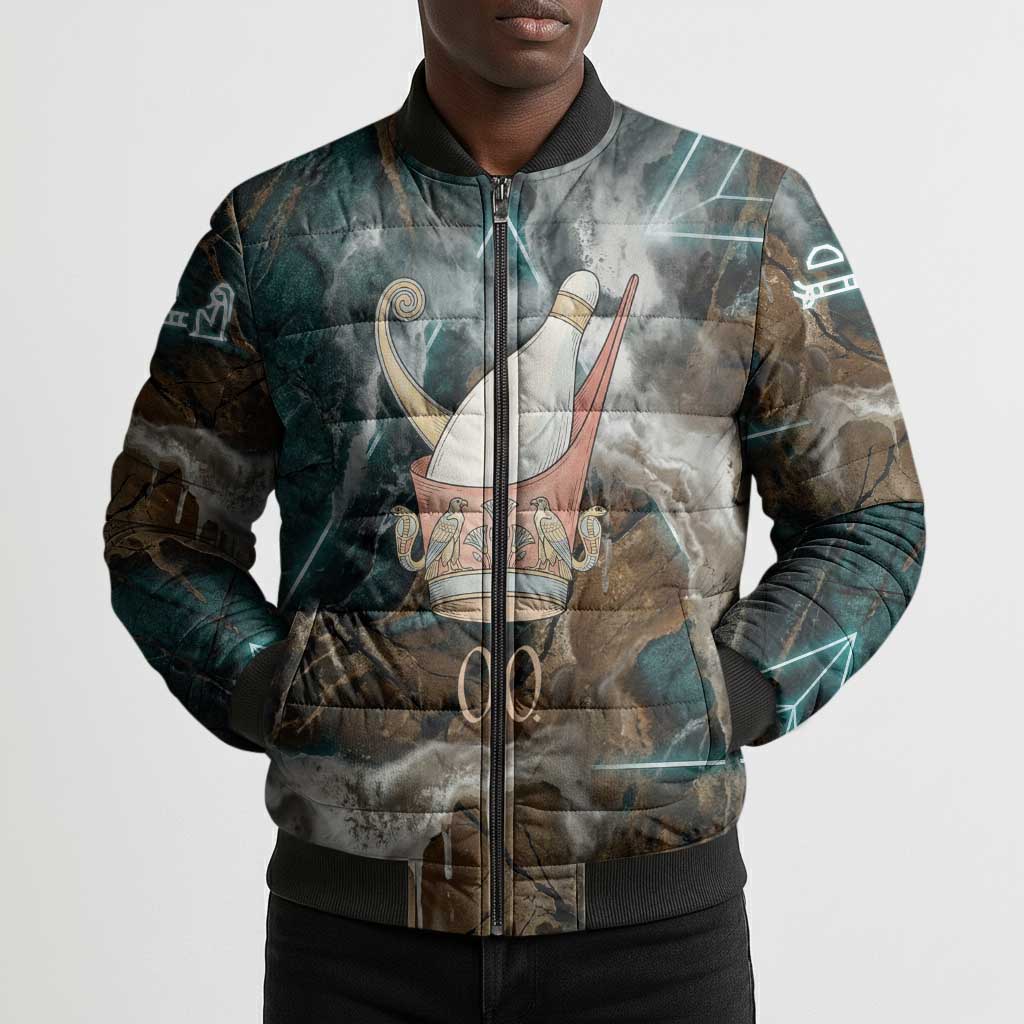 Atum Bomber Puffer Jacket Ancient Egyptian Teal Marble Smoke, Solar Barque Crown, Creator Deity Statue - African Pride