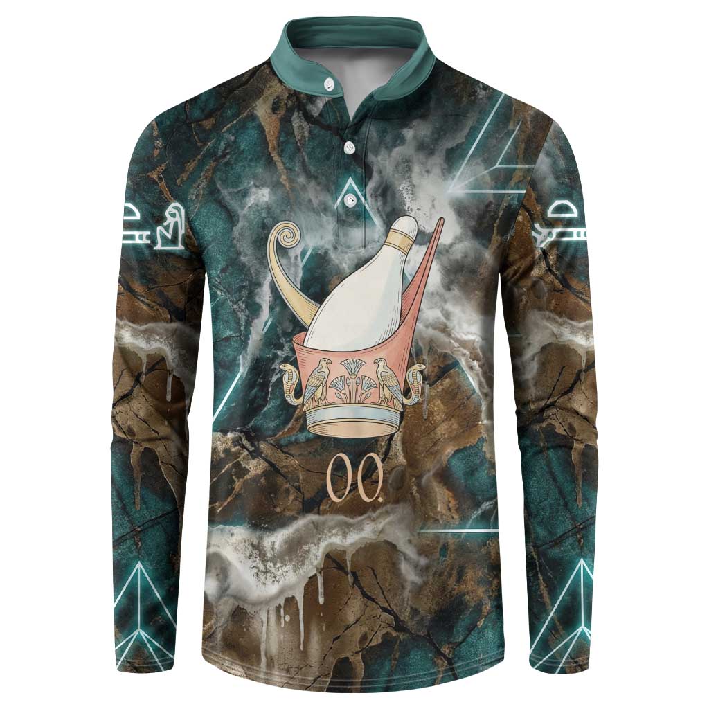 Atum Button Sweatshirt Ancient Egyptian Teal Marble Smoke, Solar Barque Crown, Creator Deity Statue