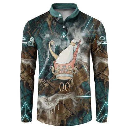 Atum Button Sweatshirt Ancient Egyptian Teal Marble Smoke, Solar Barque Crown, Creator Deity Statue