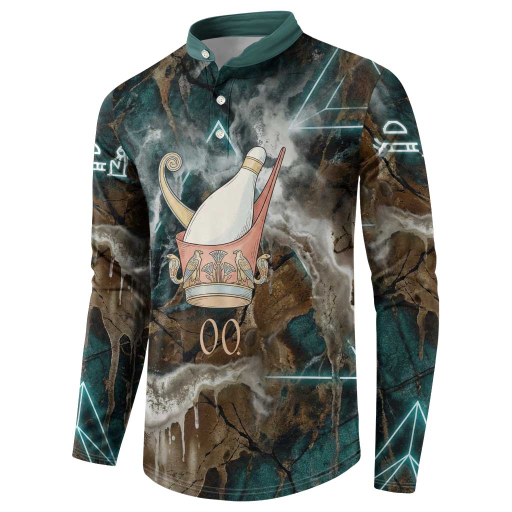 Atum Button Sweatshirt Ancient Egyptian Teal Marble Smoke, Solar Barque Crown, Creator Deity Statue
