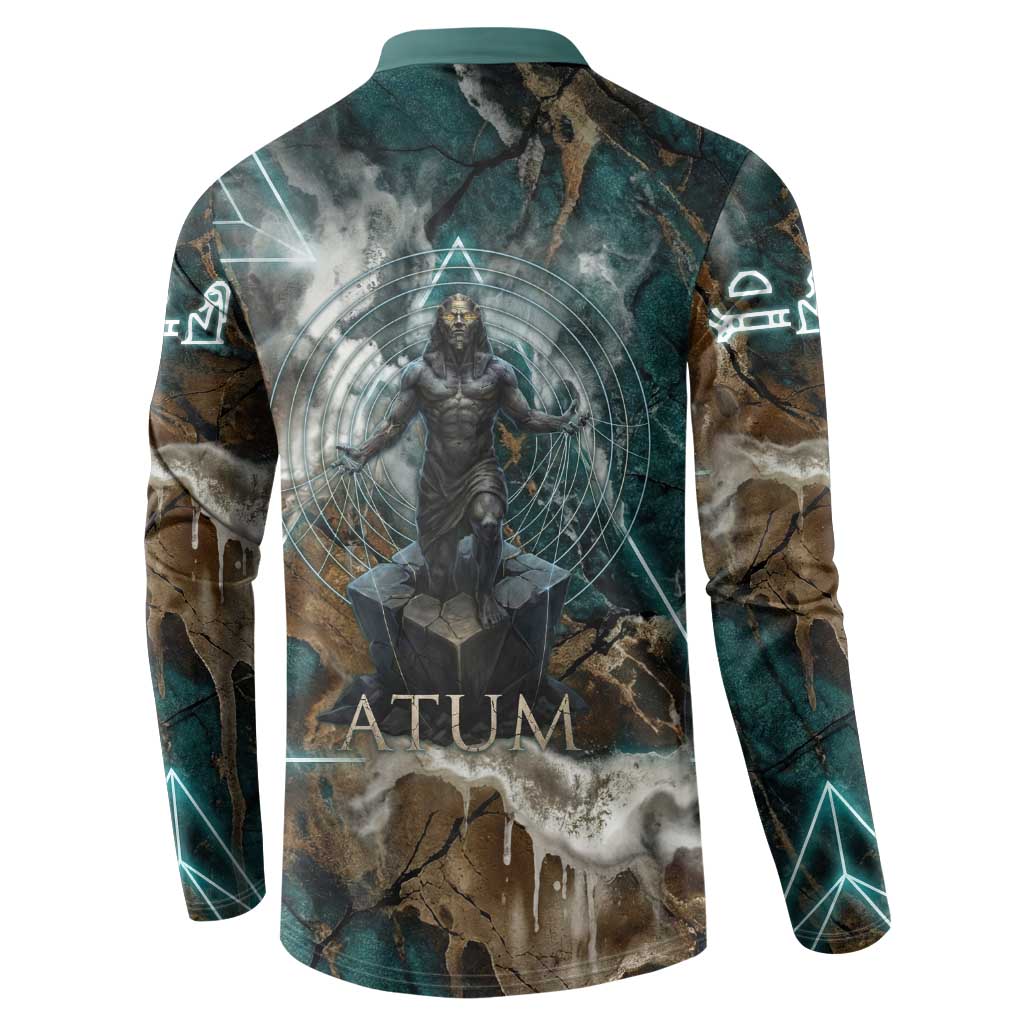 Atum Button Sweatshirt Ancient Egyptian Teal Marble Smoke, Solar Barque Crown, Creator Deity Statue