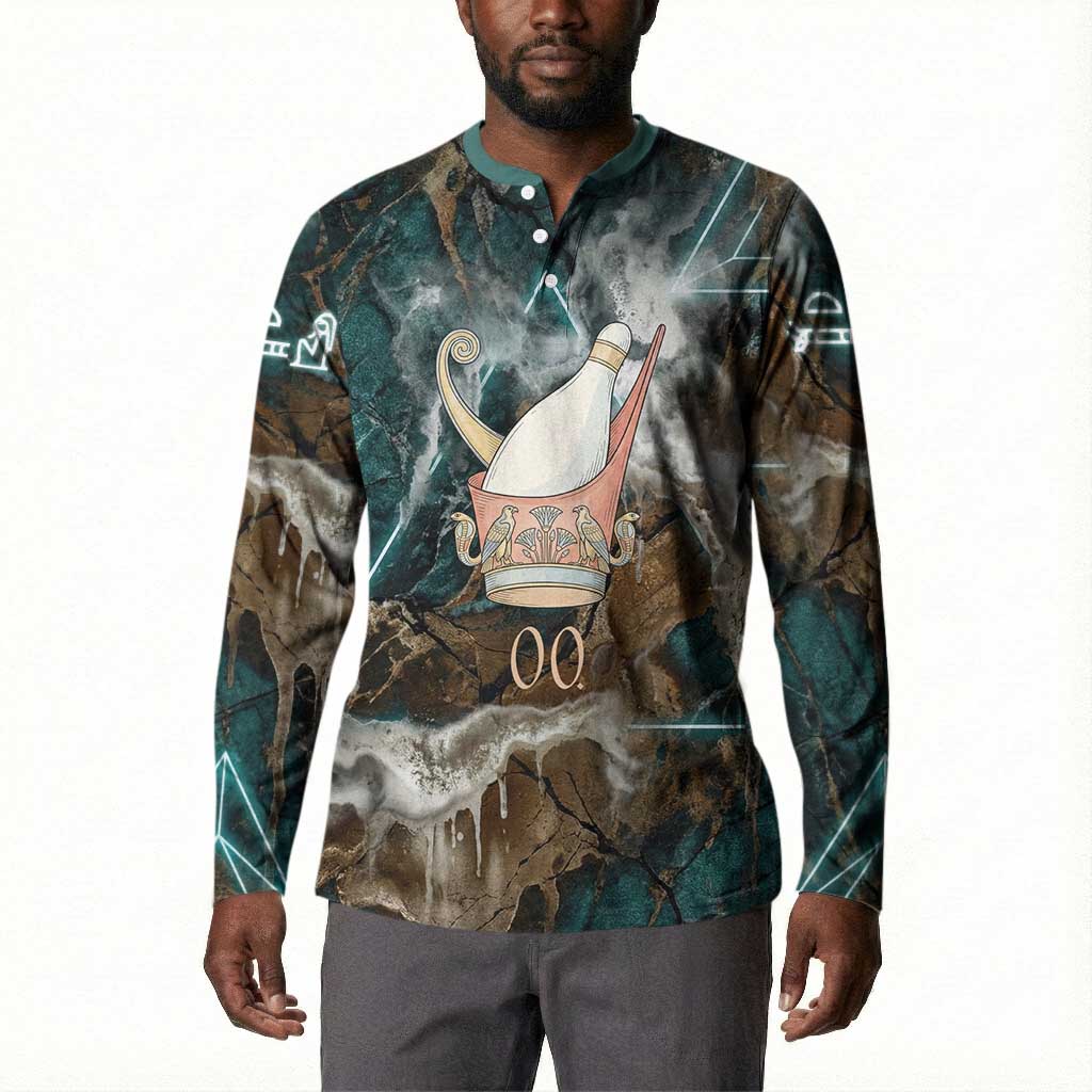 Atum Button Sweatshirt Ancient Egyptian Teal Marble Smoke, Solar Barque Crown, Creator Deity Statue