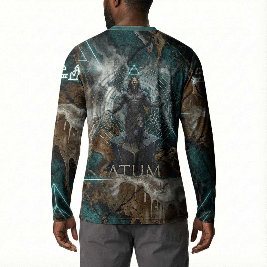 Atum Button Sweatshirt Ancient Egyptian Teal Marble Smoke, Solar Barque Crown, Creator Deity Statue
