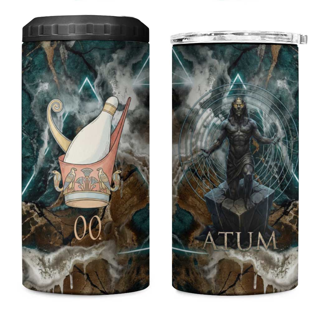 Atum 4 in 1 Can Cooler Tumbler Ancient Egyptian Teal Marble Smoke, Solar Barque Crown, Creator Deity Statue - African Pride