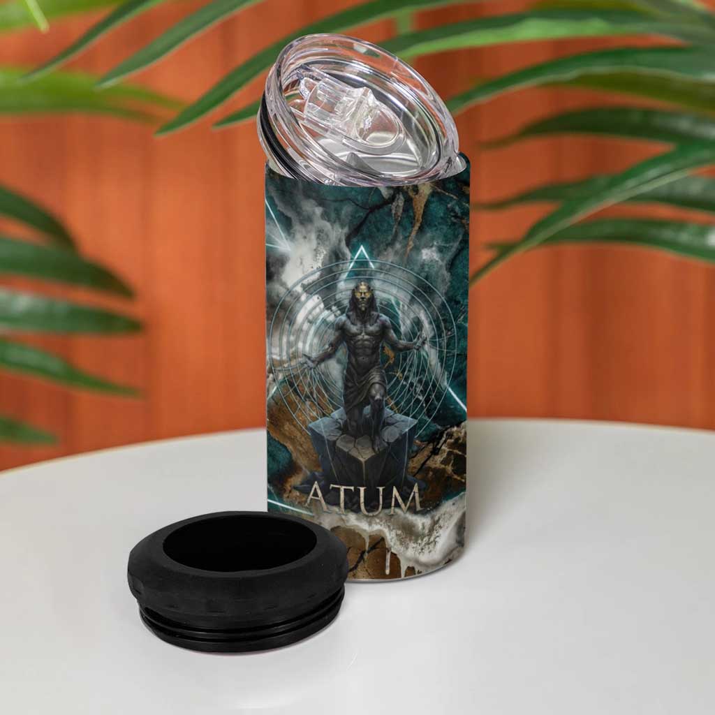 Atum 4 in 1 Can Cooler Tumbler Ancient Egyptian Teal Marble Smoke, Solar Barque Crown, Creator Deity Statue - African Pride