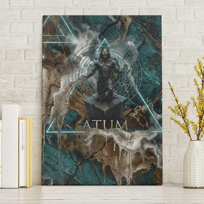 Atum Canvas Wall Art Ancient Egyptian Teal Marble Smoke, Solar Barque Crown, Creator Deity Statue - African Pride