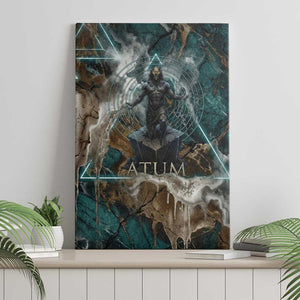 Atum Canvas Wall Art Ancient Egyptian Teal Marble Smoke, Solar Barque Crown, Creator Deity Statue - African Pride