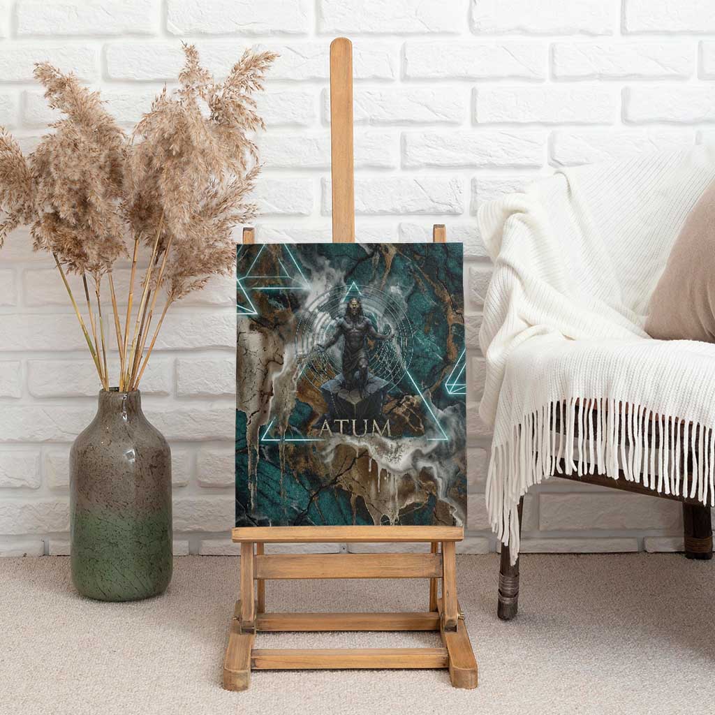 Atum Canvas Wall Art Ancient Egyptian Teal Marble Smoke, Solar Barque Crown, Creator Deity Statue - African Pride