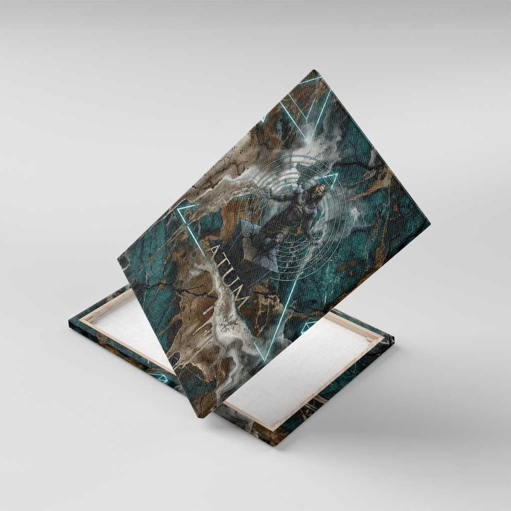 Atum Canvas Wall Art Ancient Egyptian Teal Marble Smoke, Solar Barque Crown, Creator Deity Statue - African Pride