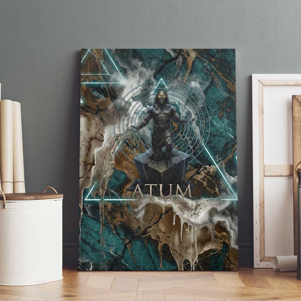 Atum Canvas Wall Art Ancient Egyptian Teal Marble Smoke, Solar Barque Crown, Creator Deity Statue - African Pride