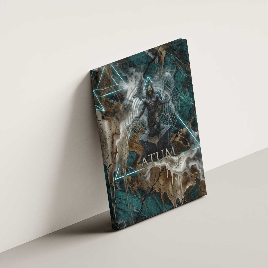 Atum Canvas Wall Art Ancient Egyptian Teal Marble Smoke, Solar Barque Crown, Creator Deity Statue - African Pride