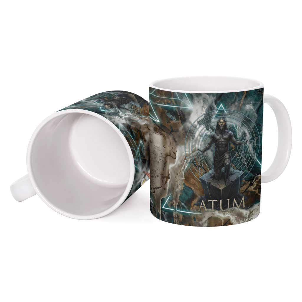 Atum Ceramic Mug Ancient Egyptian Teal Marble Smoke, Solar Barque Crown, Creator Deity Statue - African Pride