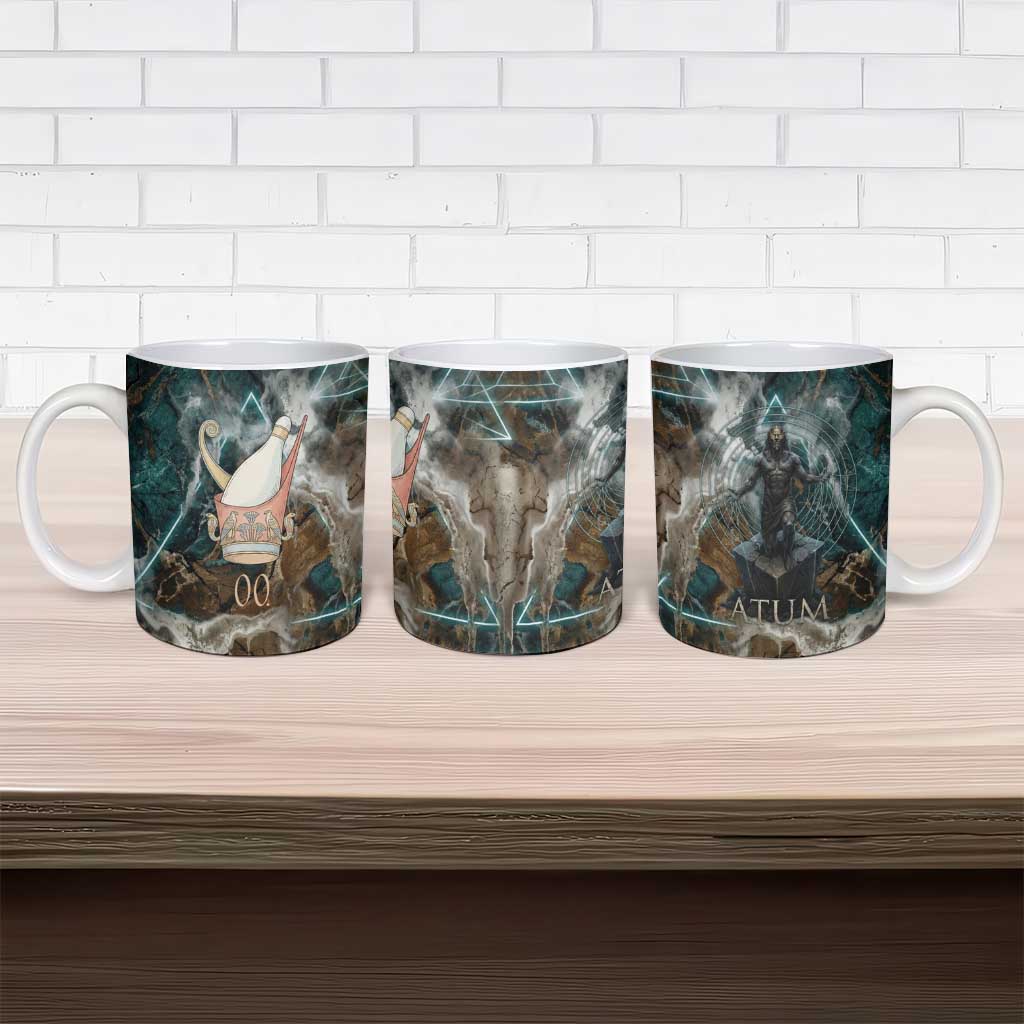Atum Ceramic Mug Ancient Egyptian Teal Marble Smoke, Solar Barque Crown, Creator Deity Statue - African Pride