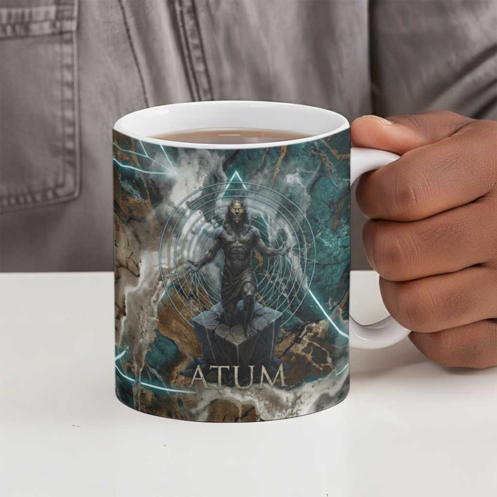 Atum Ceramic Mug Ancient Egyptian Teal Marble Smoke, Solar Barque Crown, Creator Deity Statue - African Pride
