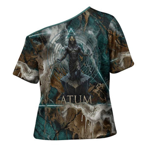 Atum Cross Shoulder Shirt Ancient Egyptian Teal Marble Smoke, Solar Barque Crown, Creator Deity Statue - African Pride