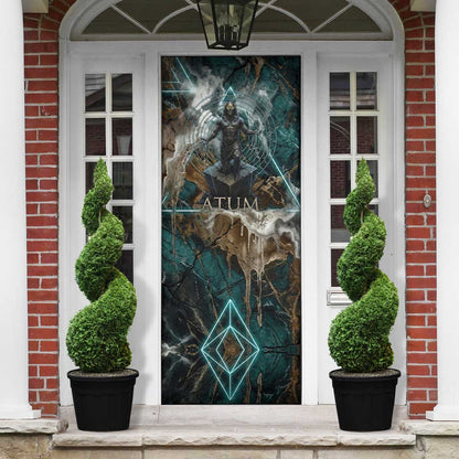 Atum Door Cover Ancient Egyptian Teal Marble Smoke, Solar Barque Crown, Creator Deity Statue - African Pride