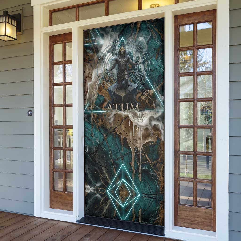 Atum Door Cover Ancient Egyptian Teal Marble Smoke, Solar Barque Crown, Creator Deity Statue - African Pride