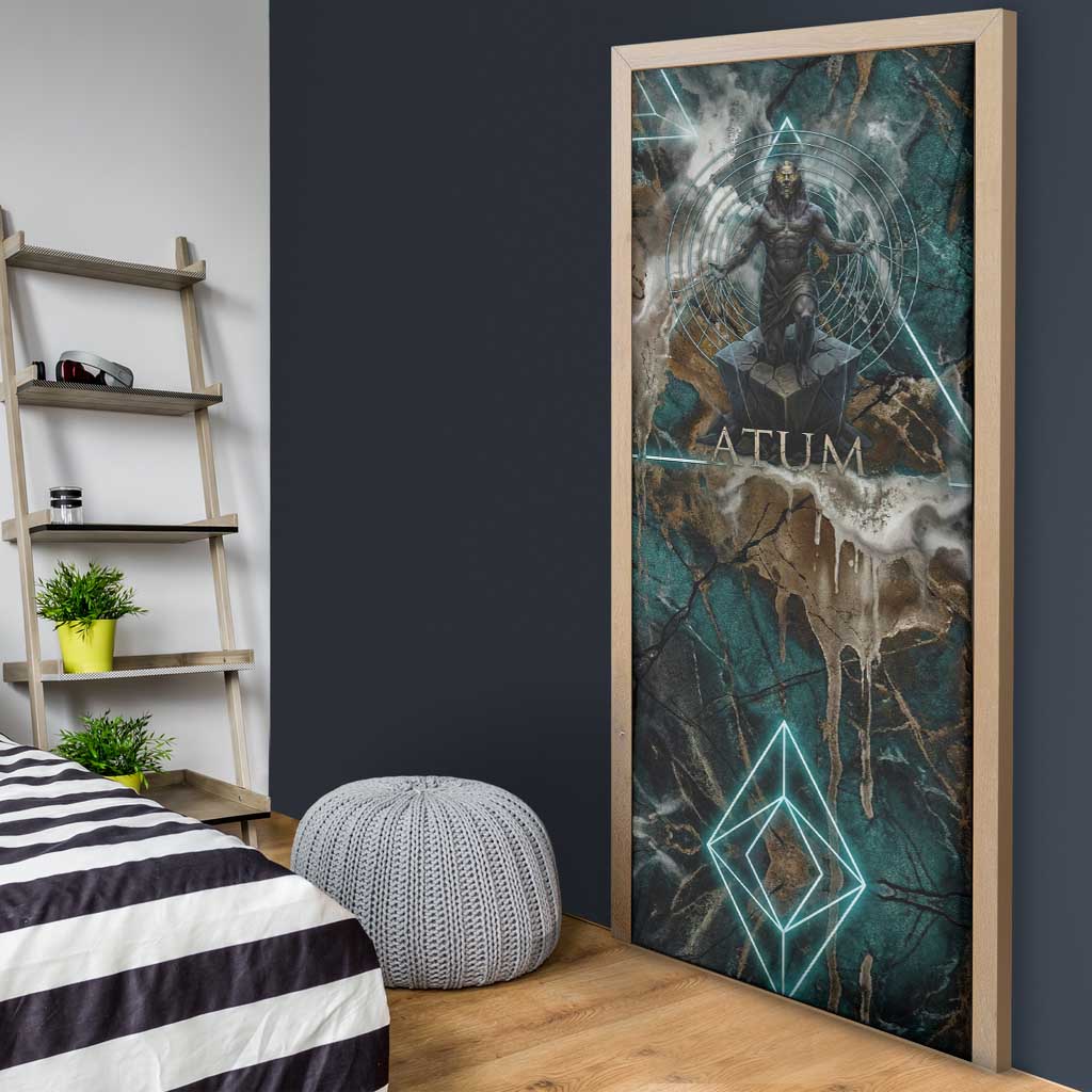 Atum Door Cover Ancient Egyptian Teal Marble Smoke, Solar Barque Crown, Creator Deity Statue - African Pride