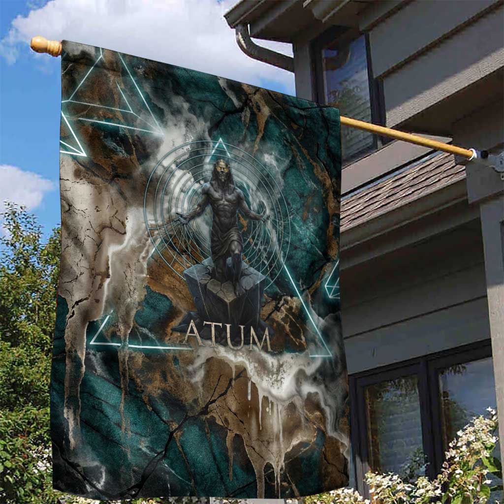 Atum Garden Flag Ancient Egyptian Teal Marble Smoke, Solar Barque Crown, Creator Deity Statue - African Pride
