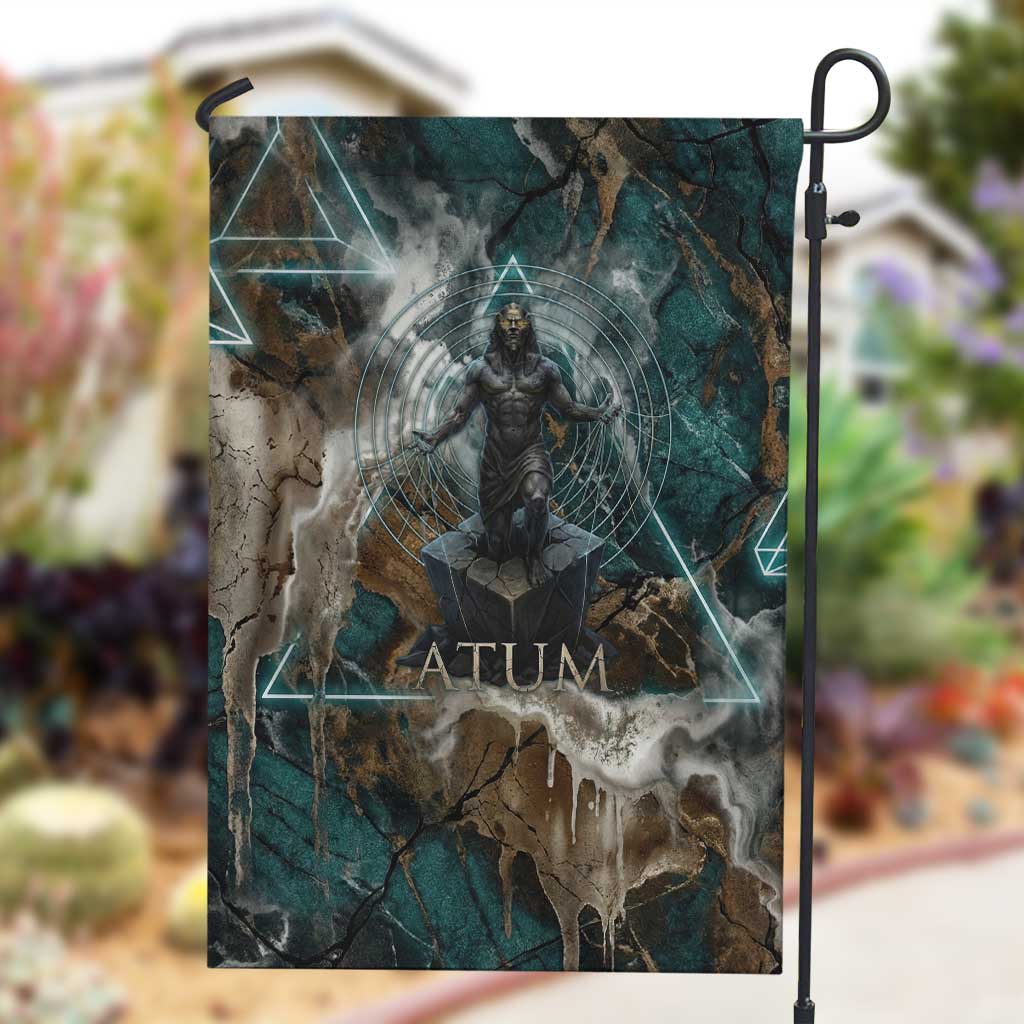 Atum Garden Flag Ancient Egyptian Teal Marble Smoke, Solar Barque Crown, Creator Deity Statue - African Pride