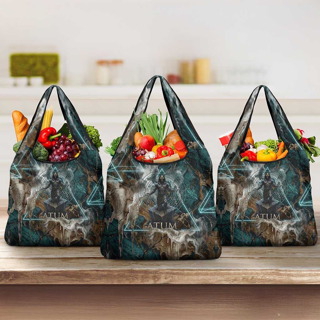 Atum Grocery Bag Ancient Egyptian Teal Marble Smoke, Solar Barque Crown, Creator Deity Statue - African Pride