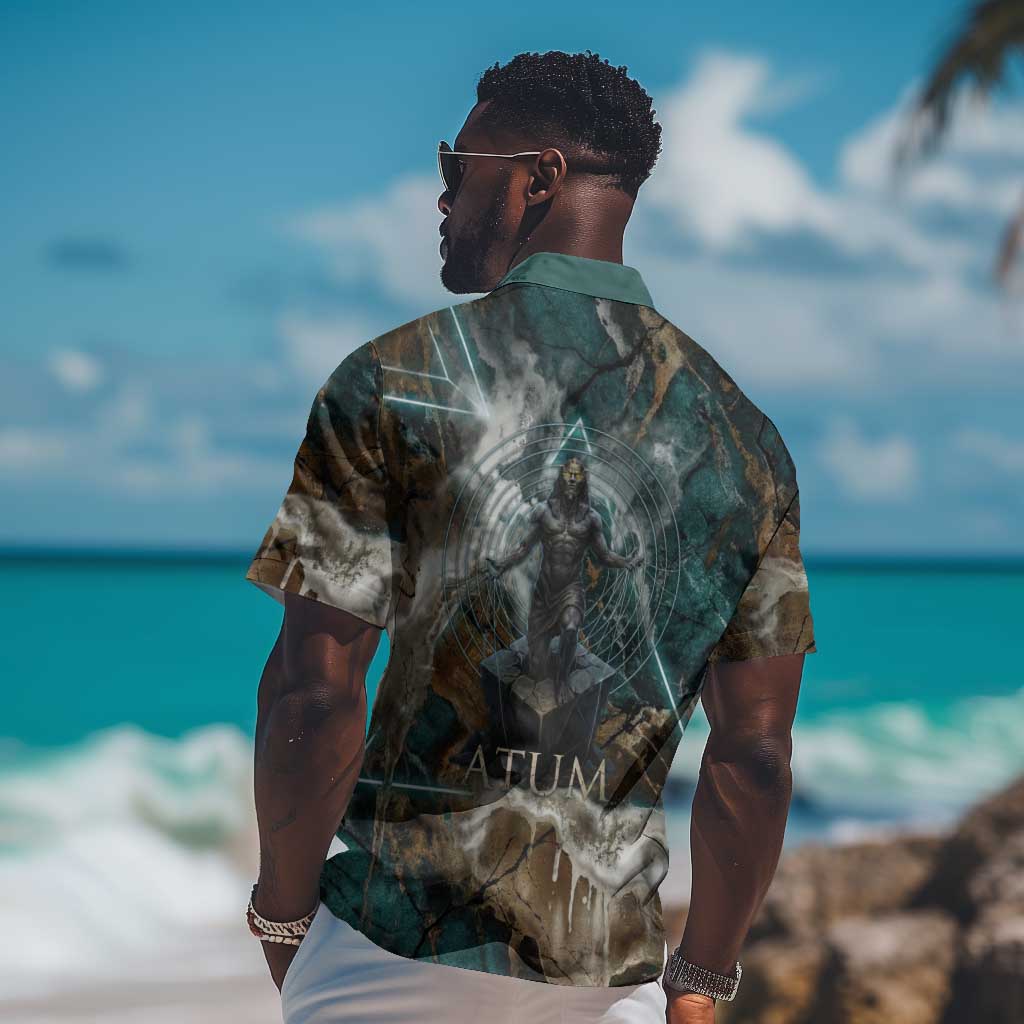 Atum Hawaiian Shirt Ancient Egyptian Teal Marble Smoke, Solar Barque Crown, Creator Deity Statue - African Pride